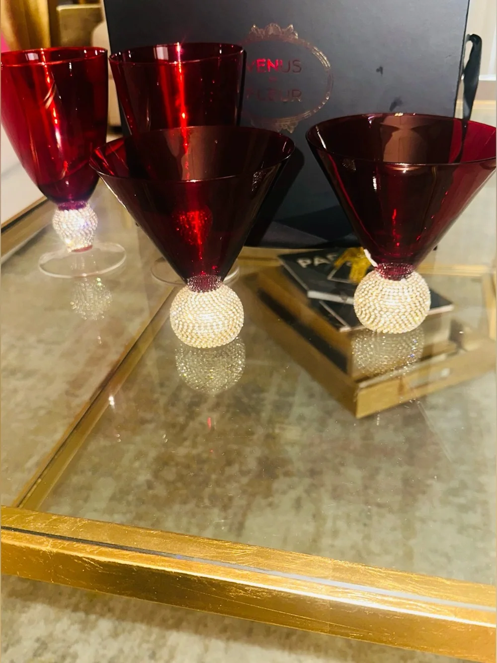 Crystal Red Martini Glasses with Rhinestone Ball Stem